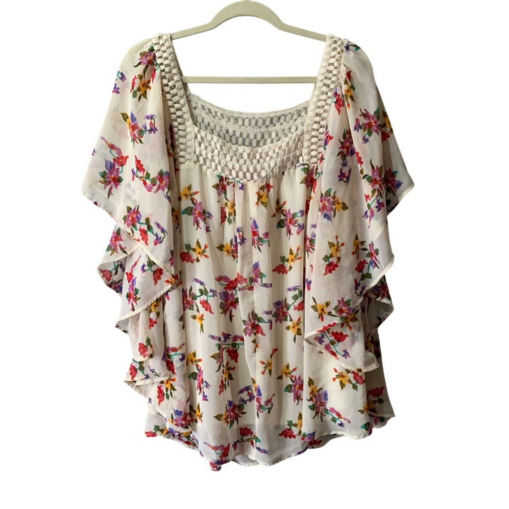 Woman Within Floral Tunic Top 1X 22/24 Crochet Lace Neck Flutter Sleeve Chiffon